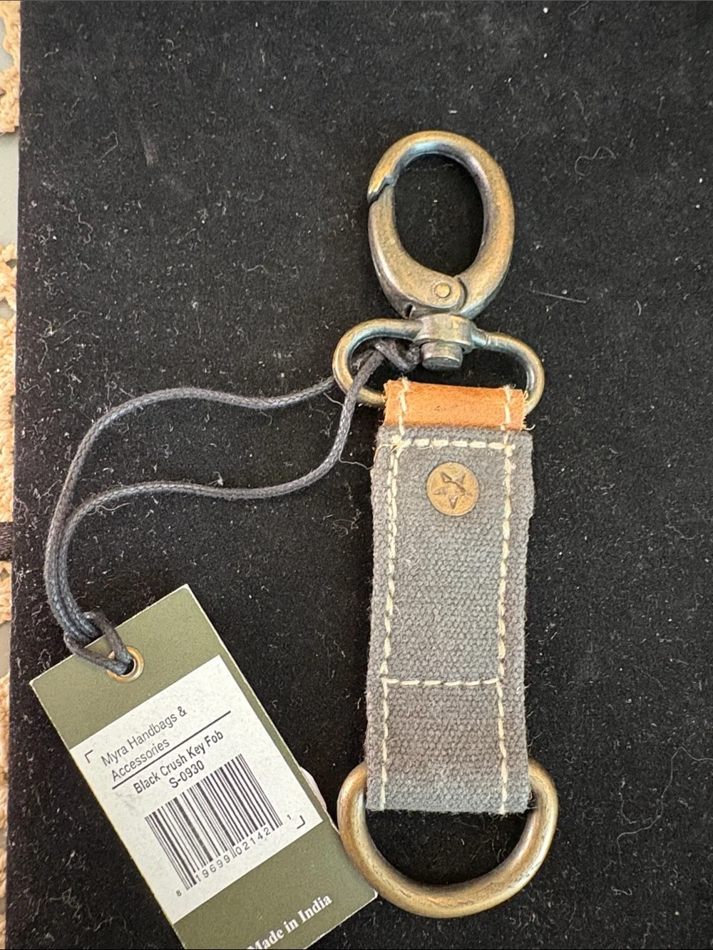 Gray Canvas & Tan Leather Key Fob